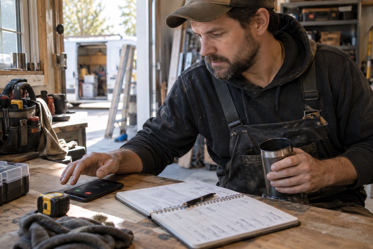 Cleaning business owner checking a missed call beside a work planner