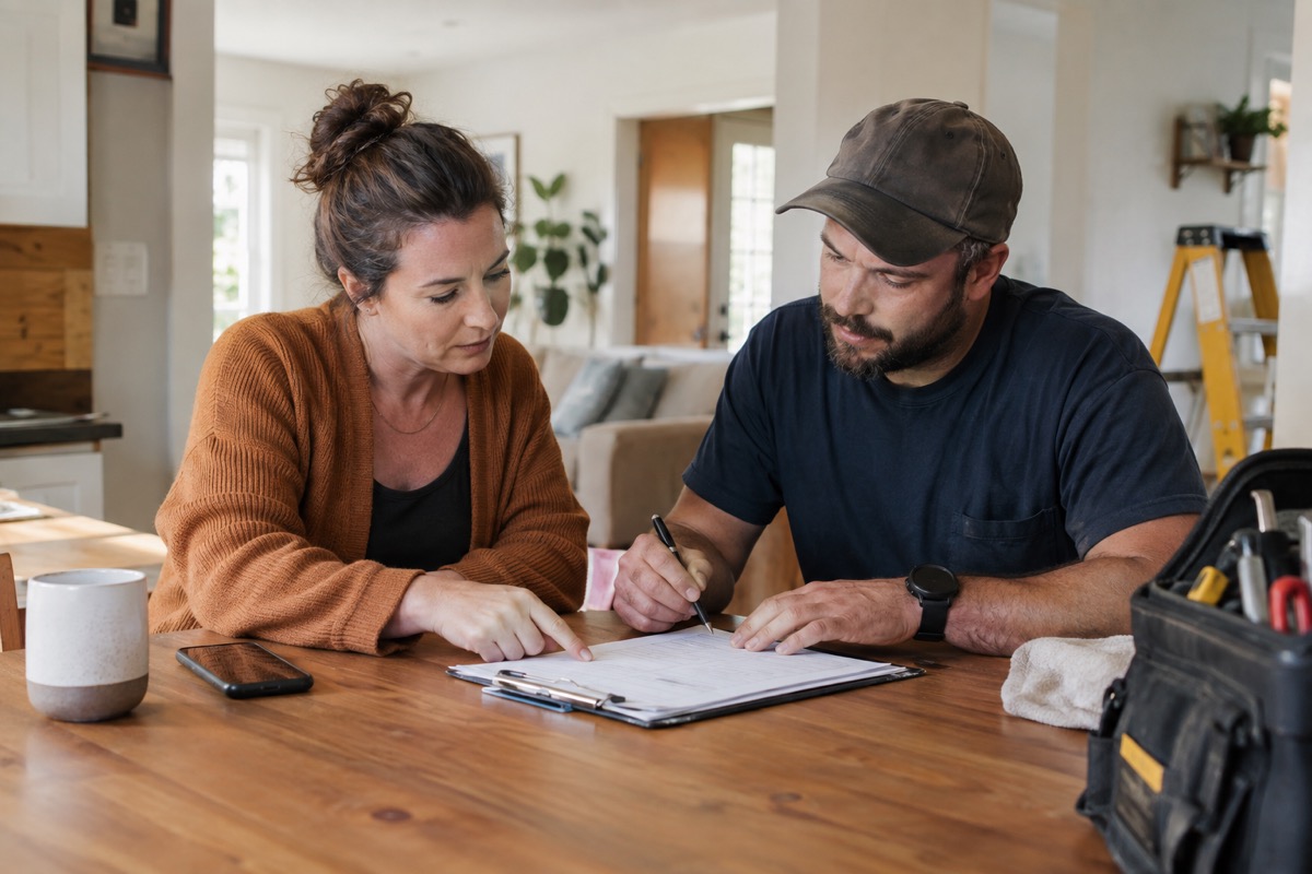 Cleaning-service professional reviewing a job sheet with a customer